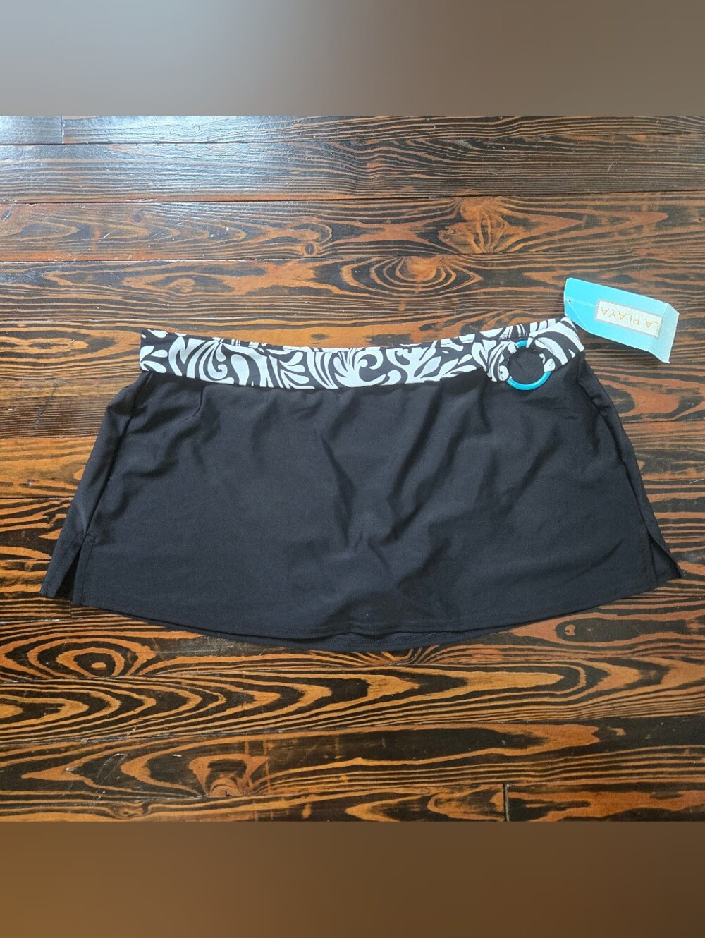 NWT La Playa Black Y2K Swim Skirt Bottom Scroll Print Teal Ring Detail Large